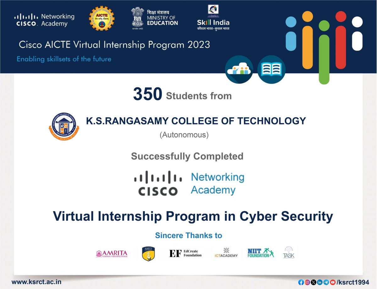 ksrct1994's tweet image. Internship is Inevitable . . .

350 Students have completed #CyberSecurity #VirtualInternship Program organized by #CiscoNetworkAcademy...

Sincere thanks to #AICTE #AICTENEAT #NasscomFutureSkills #ICTAcademy