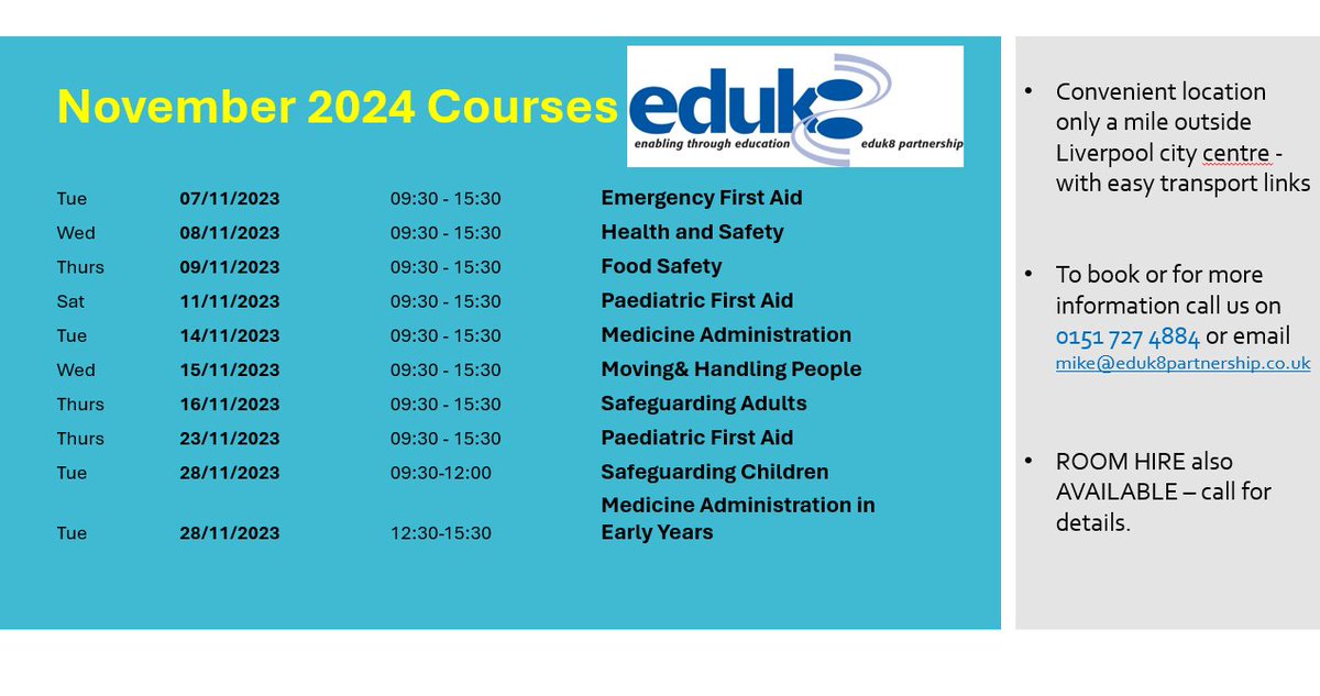 NOVEMBER Courses at eduk8. Book now on 0151 727 4884.