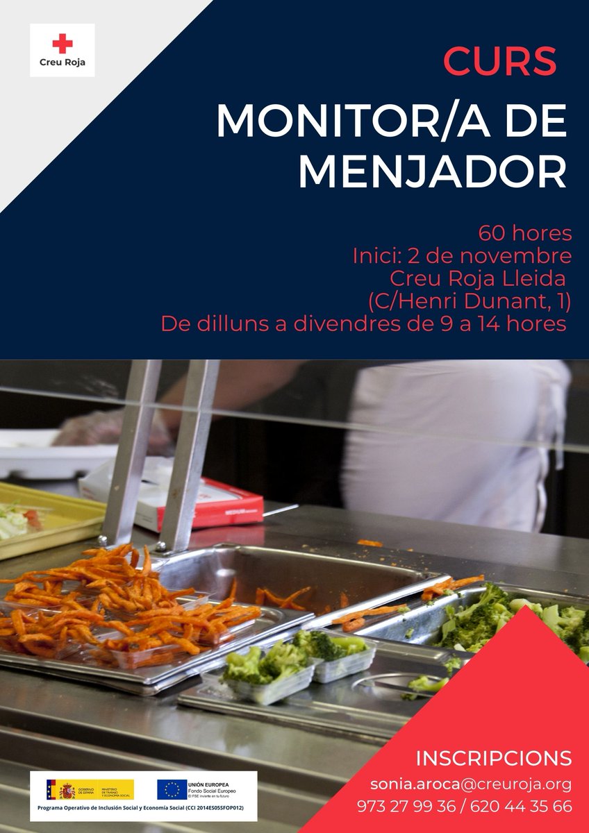 CreuRojaLleida's tweet image. Comencem la setmana amb un #curs de 60 hores de #monitor #monitora de #menjador. Inici el 2/11. 
👉Més info i inscripcions:
📩sonia.aroca@creuroja.org
📞620 44 35 66