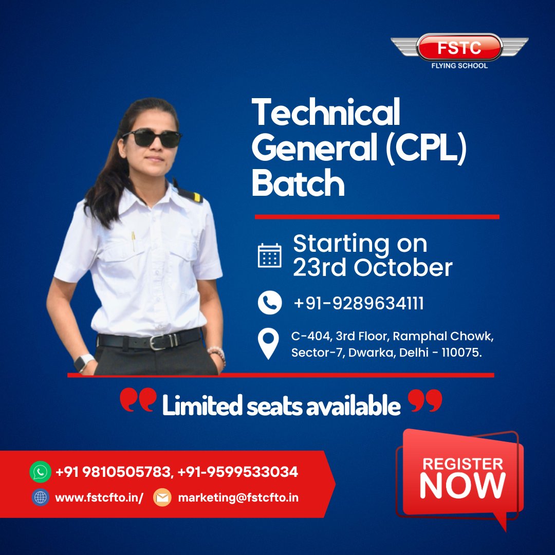 fstc_india's tweet image. The #FSTC #GroundClasses will be commencing #TechnicalGeneral Batch at Dwarka Facility starting on Oct 23rd. We provide students with a comprehensive understanding of aviation theory &amp;amp; principles, equipping them with the knowledge necessary to excel 
9289634111, 9810505783 #cpl