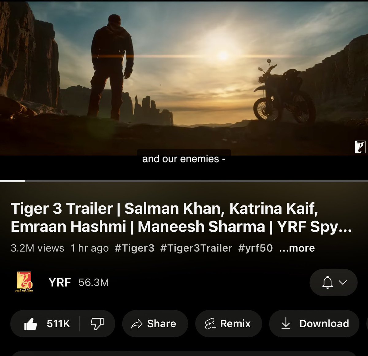 BeingHiteshShah's tweet photo. Astounding! 🙌 #Tiger3Trailer crosses 500K likes and 3M views in just 105 minutes, all organic! 📈
The public's response is phenomenal, and it's a testament to Megastar #SalmanKhan ‘s true stardom.
Get ready for history in the making! 🐅🌟 #SalmanKhan #BoxOfficeRuler https://t.co/5OfvSTTcKw