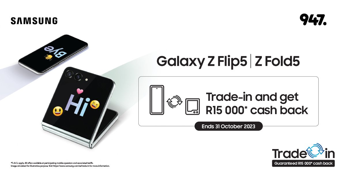 947's tweet photo. We're celebrating @SamsungMobileSA's amazing trade-in offer by giving you a chance to WIN R5K on @AneleAndTheClub!
Tune in this week between 6-9am for a chance to WIN and get one step closer to joining the Flipside and #SamsungTradeIn
Ts&Cs & details on https://t.co/dQsTO6mj7n https://t.co/e0qqTDdFAg