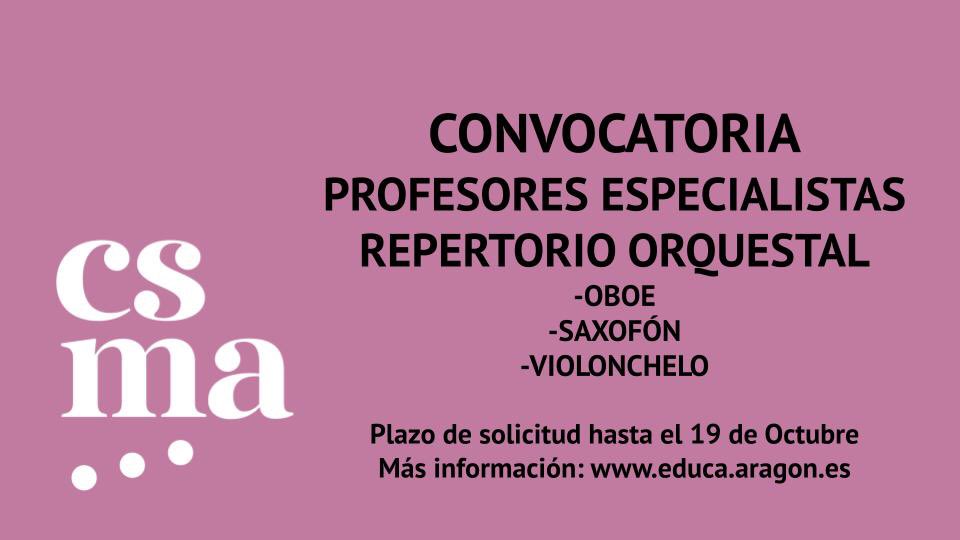 📣Convocatoria para profesores especialistas en el @csmaragon de Repertorio Orquestal de Oboe, Saxofón y Violonchelo

ℹ️Más info: educa.aragon.es