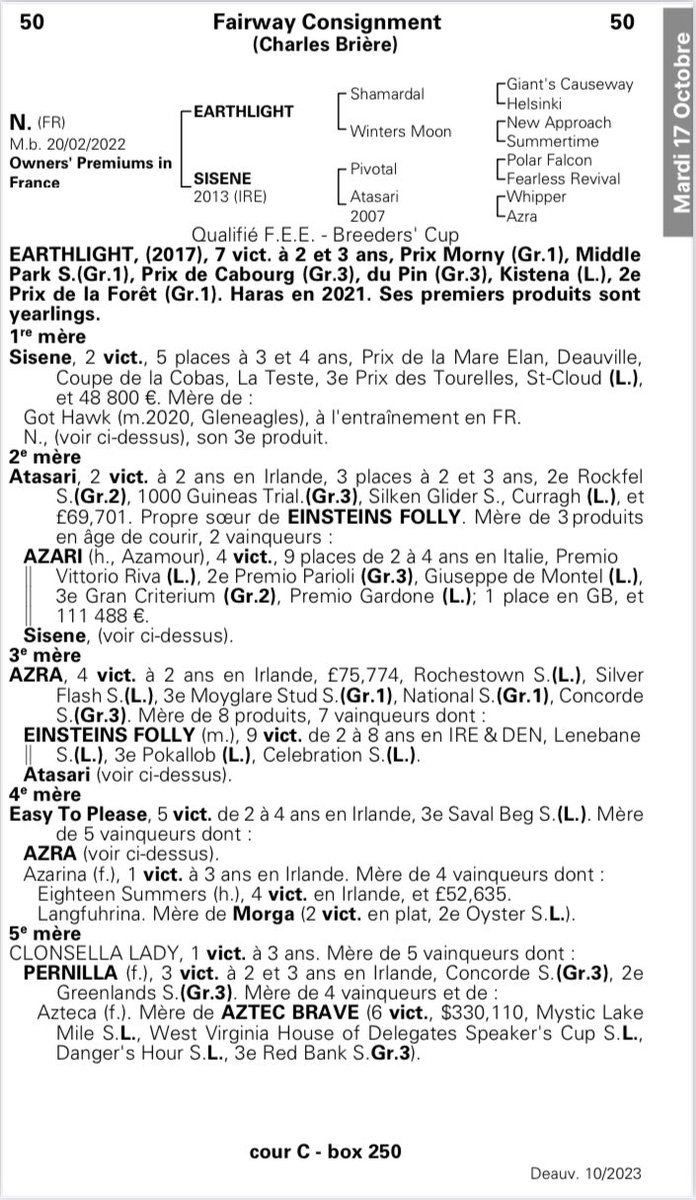 Tomorrow at <a href="/InfoArqana/">ARQANA</a>:

➡️Lot 50
A colt by EARTHLIGHT <a href="/DarleyStallions/">Darley</a> out of the Pivotal <a href="/CPStudOfficial/">Cheveley Park Stud</a> Listed placed mare SISENE (99 RPR)

Born and raised at home, prepared &amp; consigned by <a href="/Charles_Briere_/">Fairway Consignment</a> 

Meet him Yard C
