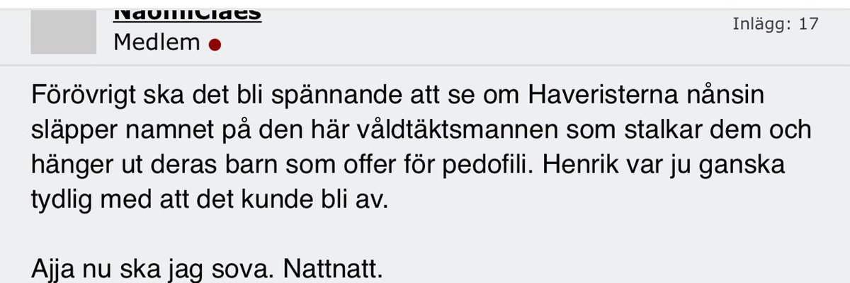 Såna här hot skriver Henko med sina trollkonton, t.ex. NaomiClaes, som han registrerar på Flashback och Twitter i andras namn och identiteter.