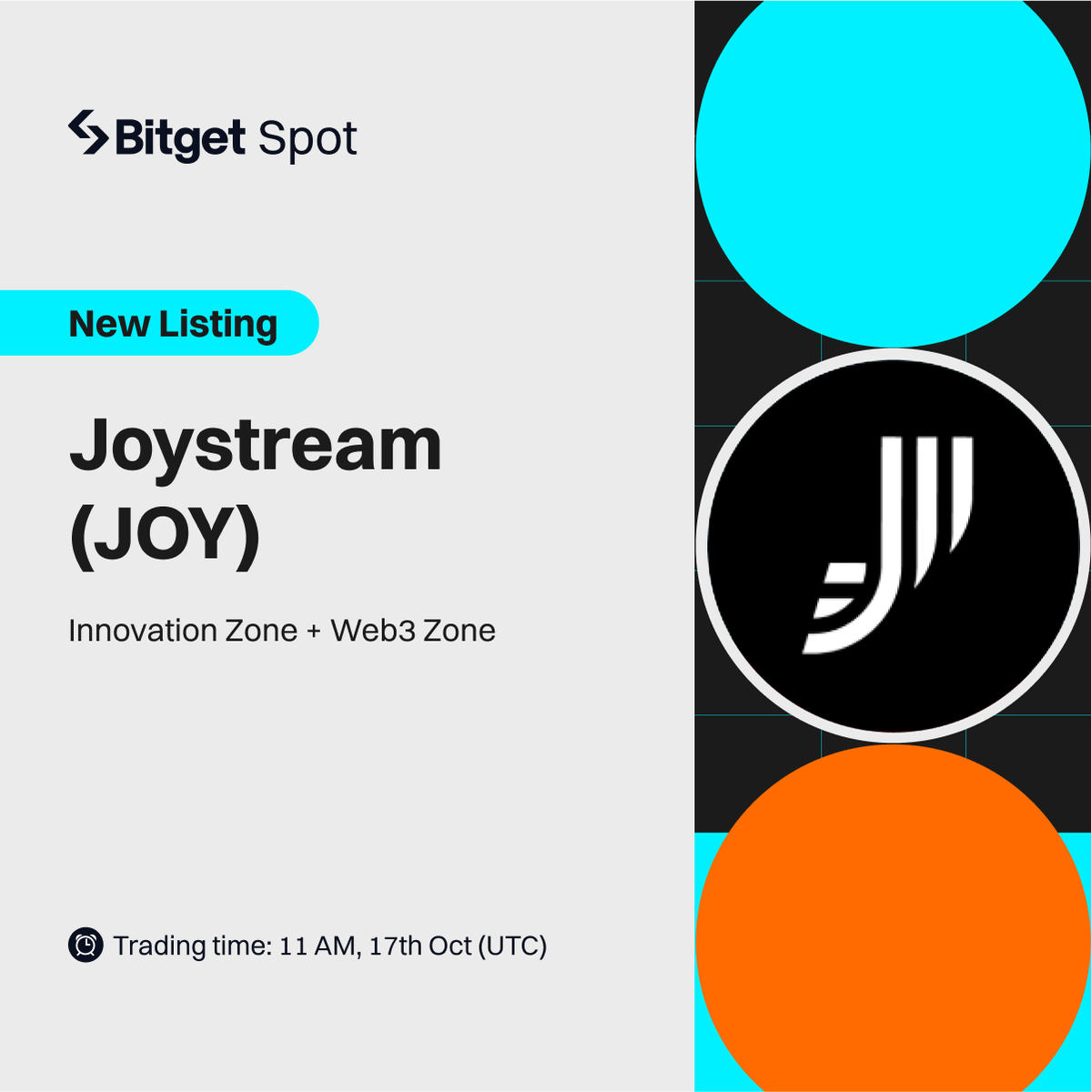 bitget's tweet photo. 🔥 Spot New Listing @JoystreamDAO

#Bitget will list $JOY/USDT trading pair on Oct 17, 11 AM UTC. Deposit now!

New round of #CandyBomb is coming soon. Stay tuned!

🎁 A total $100 #giveaway for 10 members! Just simply RT + TAG 3 friends.

More details 👇