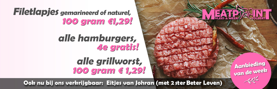 MeatpointNL's tweet image. Deze week in de aanbieding:

Filetlapjes (gemarineerd of naturel), 100 gram slechts € 1,29!
Alle Hamburgers, 4e gratis!
Alle Grillworst, 100 gram voor maar € 1,29!

Ook nu bij ons verkrijgbaar: Eitjes van Johran (met 2 ster Beter Leven)

Kijk ook op: meatpointtolbert.nl