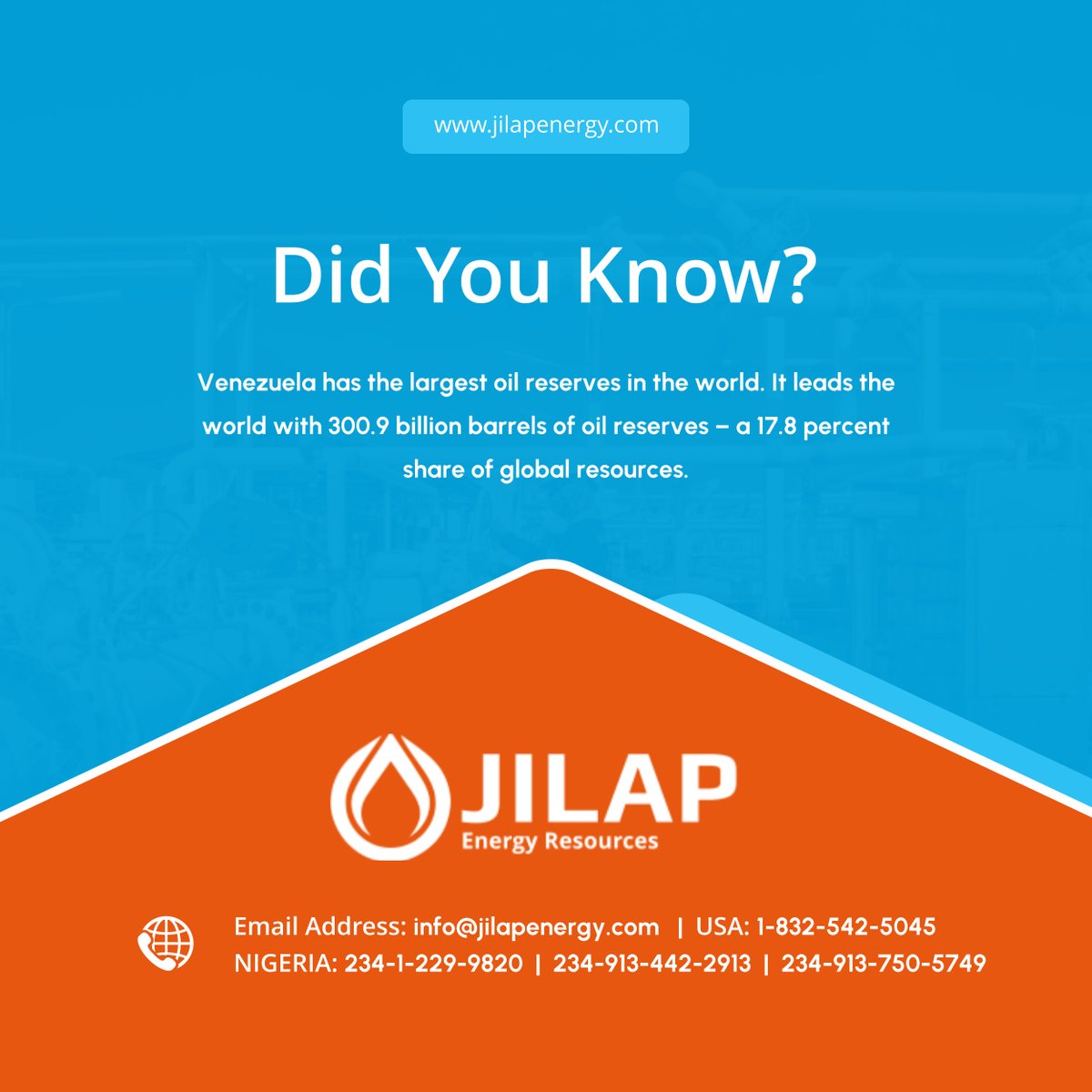 jilap_energy's tweet image. Are you interested to learn more about oil and how it powers a third of the world’s energy production? Read more fun facts here: tinyurl.com/upnez549.

#RichmondTX #OilAndGasSolutions #FunFacts #EnergyProduction