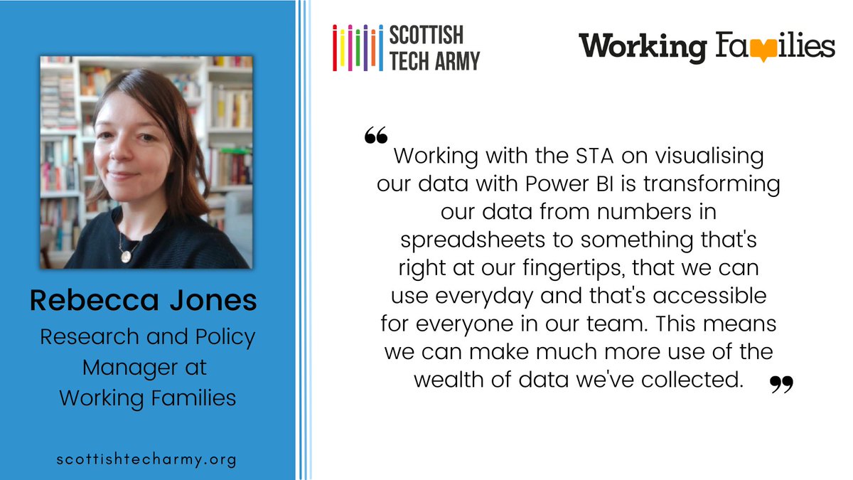 Meet Rebecca Jones from London-based charity, @workingfamUK, a charity dedicated to supporting working parents and carers. They faced a challenge: how to make sense of their data. Thanks to our #volunteers and collaboration with the STA, they embraced the power of Power BI.