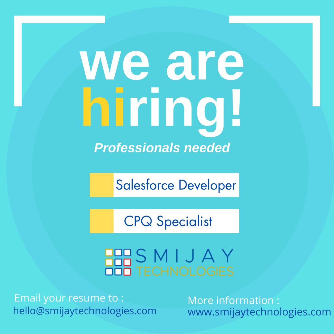 'Calling all Trailblazers! Exciting Opportunities for Salesforce Developers and CPQ Maestros. Apply Now and Blaze a Trail with Us.' 💼

#salesforce #salesforcedevelopers #hiring #hiringnow #hiringalert #job #jobopen #jobopportunity #career #applynow #salesforcepartners