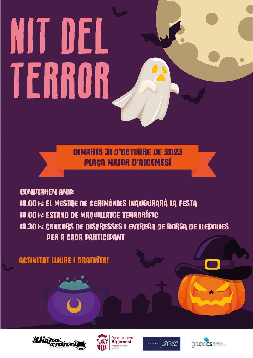 👻🧛‍♀️𝑵𝑰𝑻 𝑫𝑬𝑳 𝑻𝑬𝑹𝑹𝑶𝑹✨🌃

🎃El dimarts 𝟯𝟭 𝗱 '𝗼𝗰𝘁𝘂𝗯𝗿𝗲 de 2023🎃, vos esperem a partir de les 18.00h a la 📍Plaça Major d'Algemesí.

Activitat lliure i gratuïta!😃

#espaijove #festa #terror #octubre #algemesí