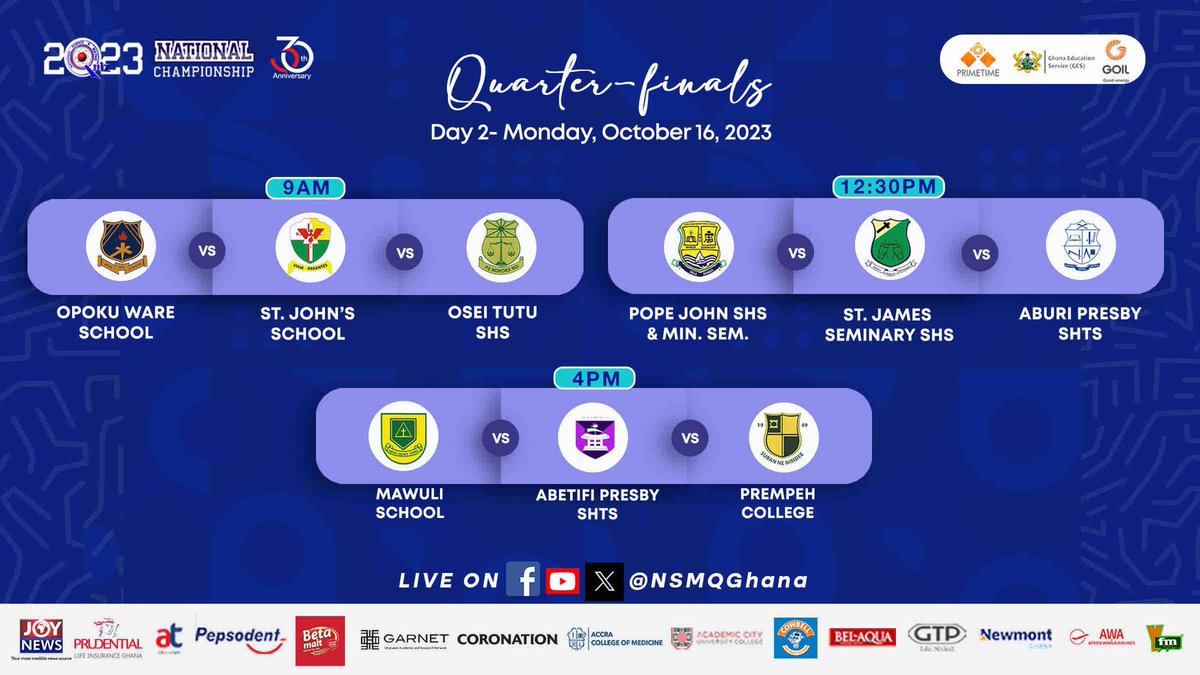 Apsec_tweets's tweet image. For our Quarter-Finals contest of the #NSMQ2023 we face @mawulischool_ho and @PrempehCollege we wish our boys all the best of luck in today’s contest.🙏🏿

💜💙’SOM WO MAN’💜💙

#APSEC  #NSMQQuarters #NSMQ30 #NSMQonJoy #Primetime
