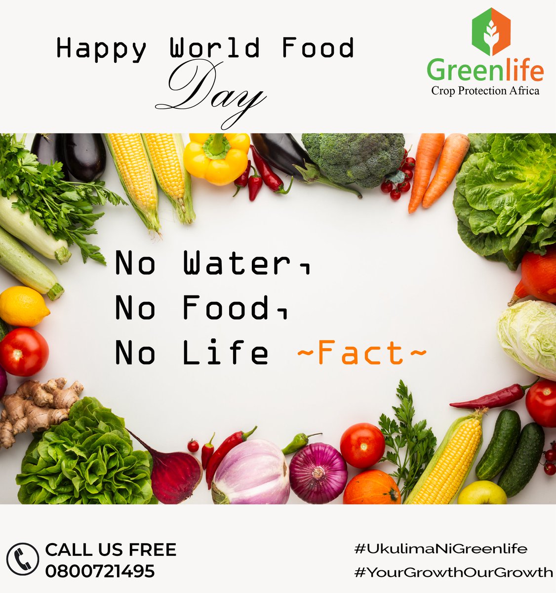 HAPPY WORLD'S FOOD DAY. 'Water is Life, Water is Food, Leave no one Behind' 'Saving our planet, lifting people out of poverty, advancing economic growth... these are one and the same fight. Think about it, Call us 0800721495 #WaterIsLife #UkulimaNiGreenlife #YourGrowthOurGrowth