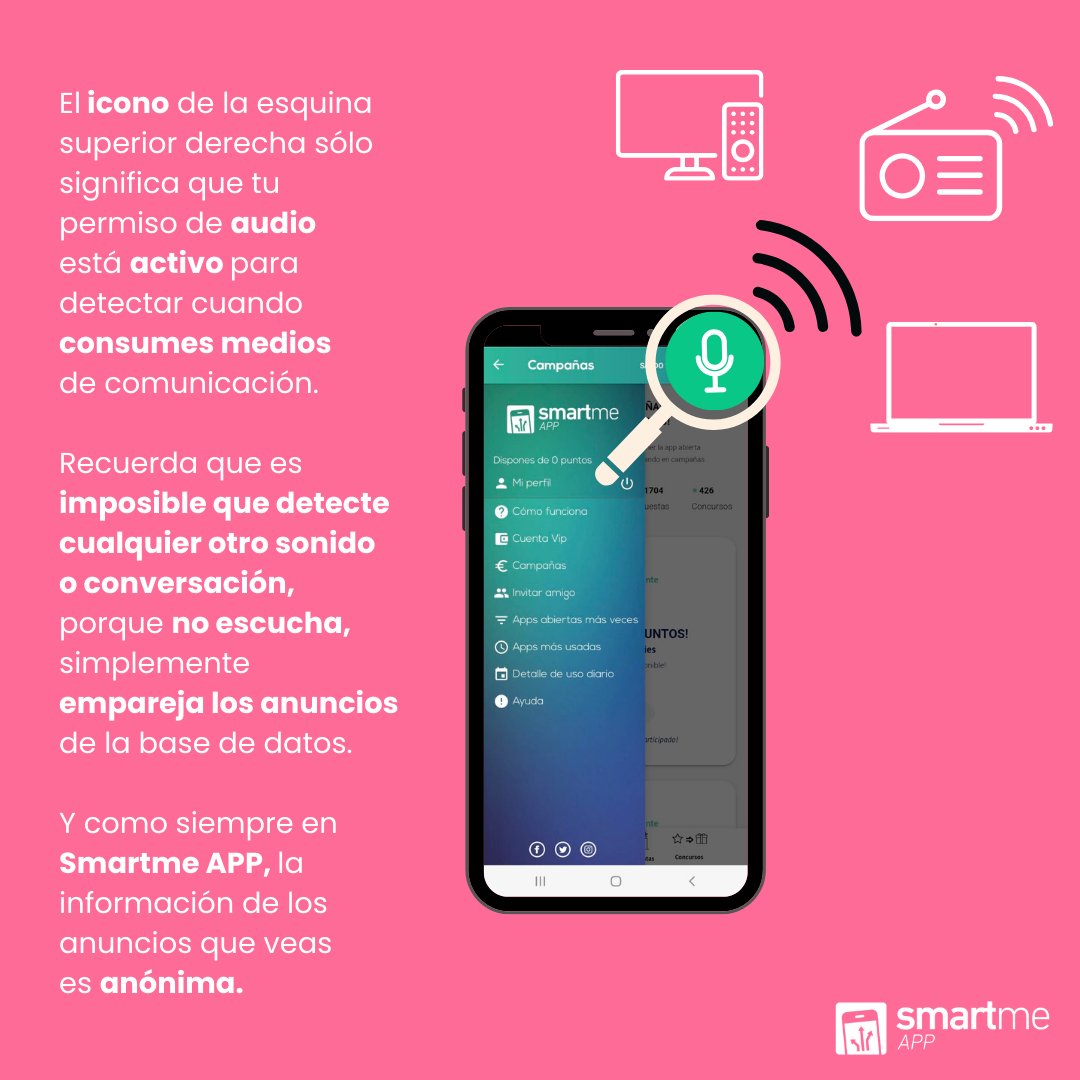 Smartme_App's tweet photo. ¡Desliza 👉 y conoce cómo funciona el permiso de audio de Smartme App!

Activarlo en tu dispositivo es muy sencillo, seguro y trae muchas ventajas. 😉

#smartmeapp #permisos #dineroextra https://t.co/vHdxqJXfT7