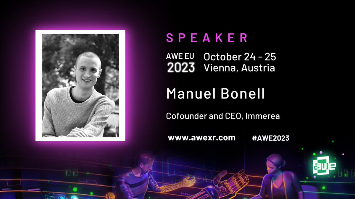 immerea_studio's tweet photo. Very excited to announce that our cofounders @manuel_bonell and @flavia_mazz will be speaking at AWE EU 2023 @ARealityEvent next week!

Looking forward to seeing you all in Vienna! 🤩🙌

#AWE #XR #VR #creativeindustries #immersive https://t.co/8KyDnixBqw