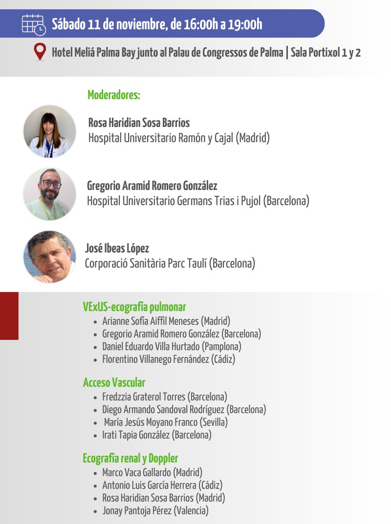 🩻Taller de Ecografía para Nefrólogos en #Senefro23
📍Sábado 11 de noviembre, Palma de Mallorca
✅2 horarios posibles (10:30-13:30h o 16:00-19:00h)
👥72 plazas totales
Solicita la tuya hasta el 19 de octubre (9h)
💥Requisitos, información y programa: congresosen.com/2023/taller_de…