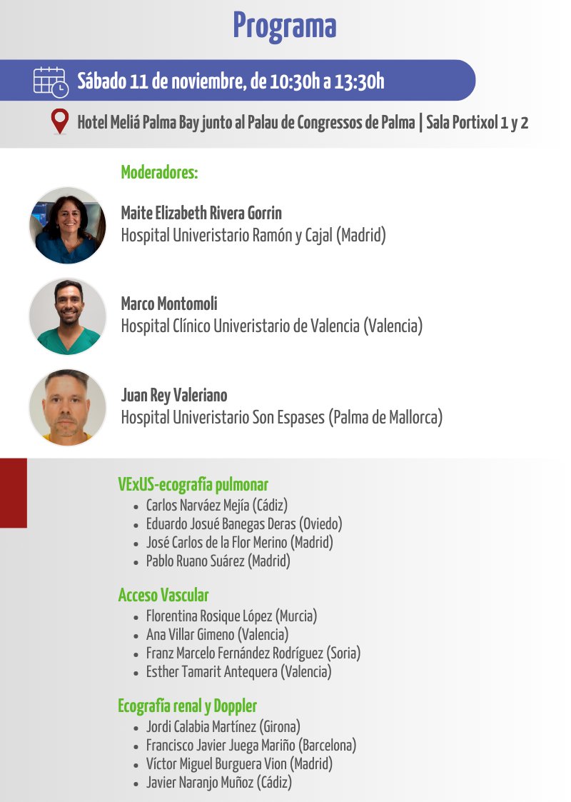 SENefrologia's tweet photo. 🩻Taller de Ecografía para Nefrólogos en #Senefro23
📍Sábado 11 de noviembre, Palma de Mallorca
✅2 horarios posibles (10:30-13:30h o 16:00-19:00h)
👥72 plazas totales
Solicita la tuya hasta el 19 de octubre (9h)
💥Requisitos, información y programa: https://t.co/lwCm9dvW3c https://t.co/9t2bqIYKpq