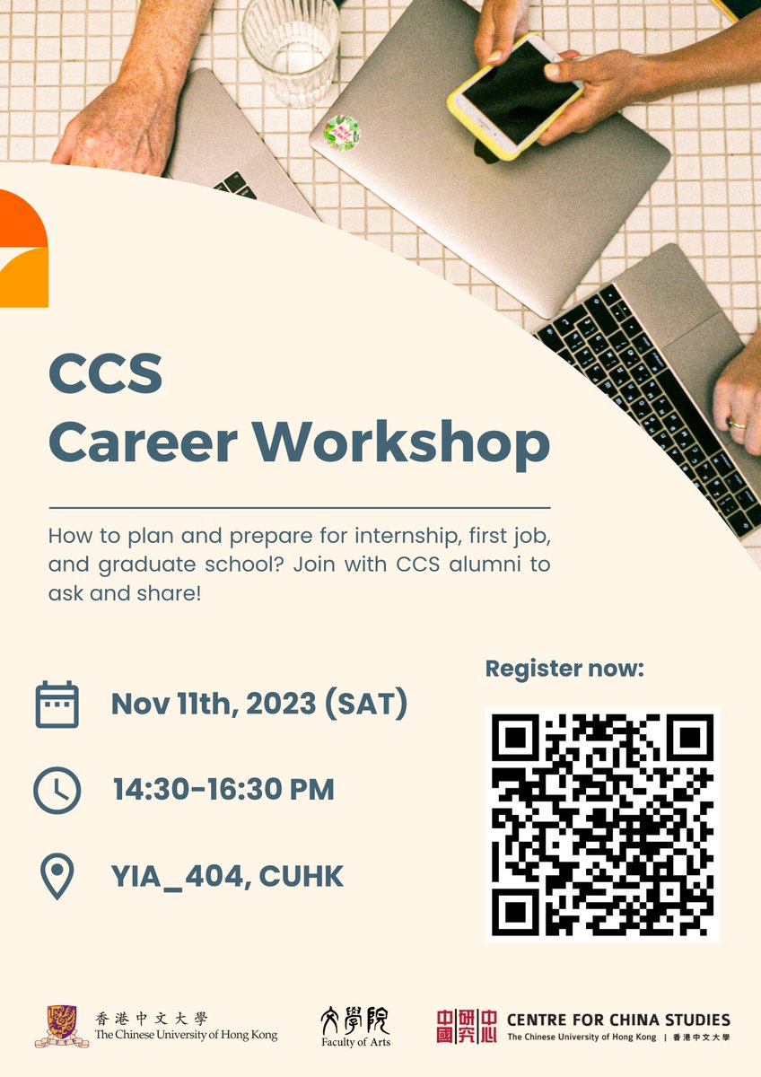 [𝐂𝐂𝐒 𝐂𝐚𝐫𝐞𝐞𝐫 𝐖𝐨𝐫𝐤𝐬𝐡𝐨𝐩]

📷 𝐃𝐚𝐭𝐞: Nov 11, 2023 (SAT)
📷 𝐓𝐢𝐦𝐞: 14:30-16:30 pm
📷 𝐕𝐞𝐧𝐮𝐞: YIA_404, CUHK

𝐑𝐞𝐠𝐢𝐬𝐭𝐫𝐚𝐭𝐢𝐨𝐧: cloud.itsc.cuhk.edu.hk/webform/view.p…
#Centreforchinastudies #ccscuhk #CareerWorkshop #chinesestudies