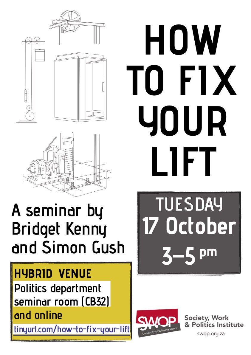 'How to fix your lift' 
A seminar by <a href="/BridgetKenny2/">Bridget Kenny</a> and Simon Gush
