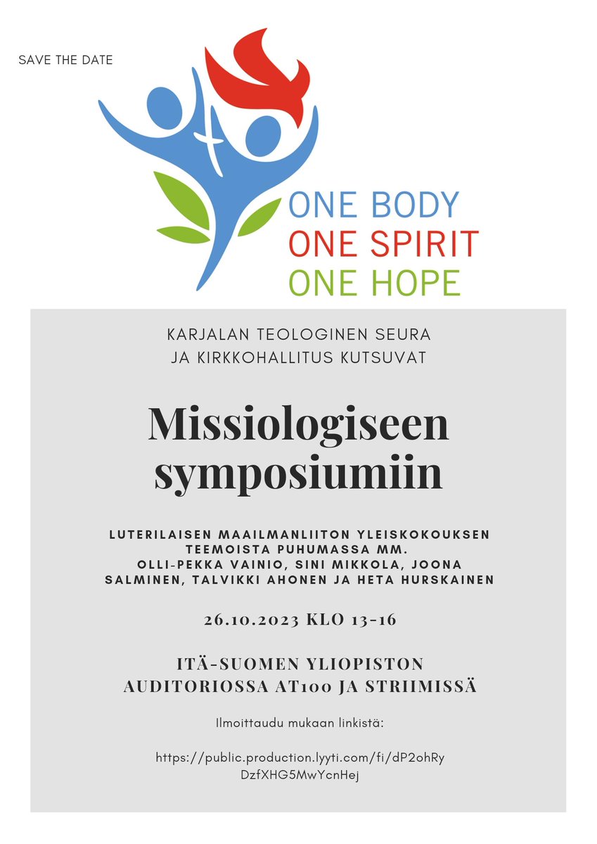 Ensi torstaina 26.10. klo 13-16 käsitellään Joensuussa Luterilaisen maailmanliiton syyskuisen yleiskokouksen teemoja KTS:n ja Kirkkohallituksen järjestämässä Missiologisessa symposiumissa. Tervetuloa mukaan paikan päällä tai etänä! 
Ilmoittautuminen: public.production.lyyti.com/fi/dP2ohRyDzfX…