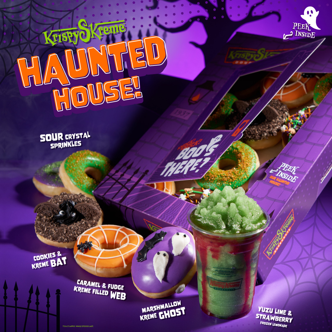 Knock! Knock! BOO’S there?

Peek inside our Haunted House if you dare! 🏠🍩
#KrispyKreme's NEW range of spooky treats are guaranteed to make you ‘Skreme’ with delight this spooky season 👻

Available from 16 October 2023. Valid while stocks last. T&amp;Cs apply.