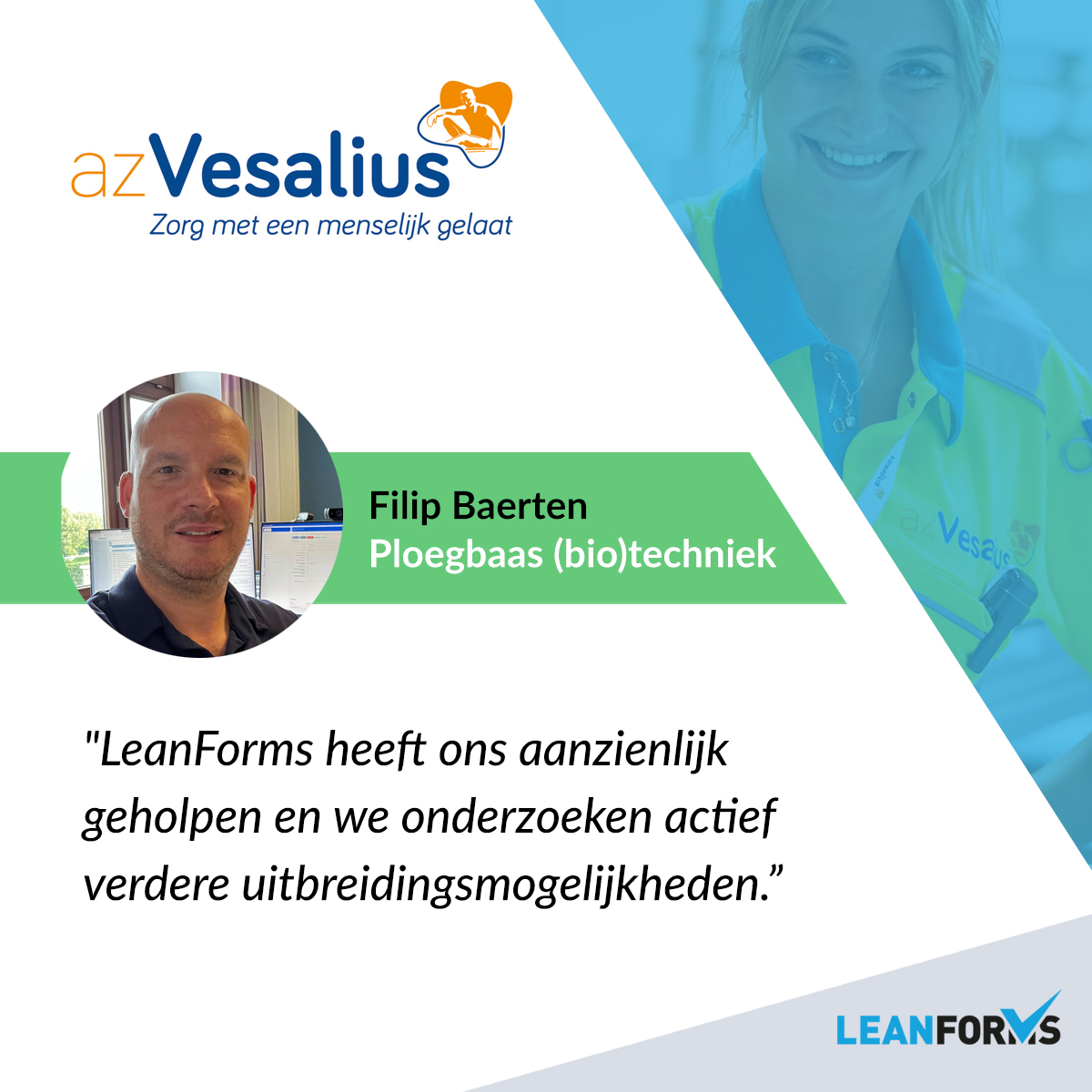 LeanForms's tweet image. 🏥 az Vesalius: Optimaliseren van ziekenhuisprocessen 🚀

Wij spraken met Filip Baerten, Ploegbaas (bio)techniek. Het hele interview lees je hier 👉 eu1.hubs.ly/H05MH3v0

#LeanForms #optimalisatie #digitalisering #klantverhaal