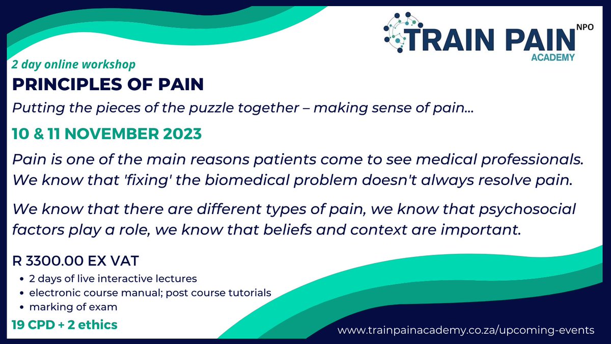 TrainPainSA's tweet photo. Start your Certificate in Pain Management journey by registering for Module 1: Principles of Pain 😁 Register by visiting https://t.co/wcK8API69G 
#trainpainacademy #cpdcourses #painmanagement #biopsychosocial https://t.co/CZkNvKFk8h