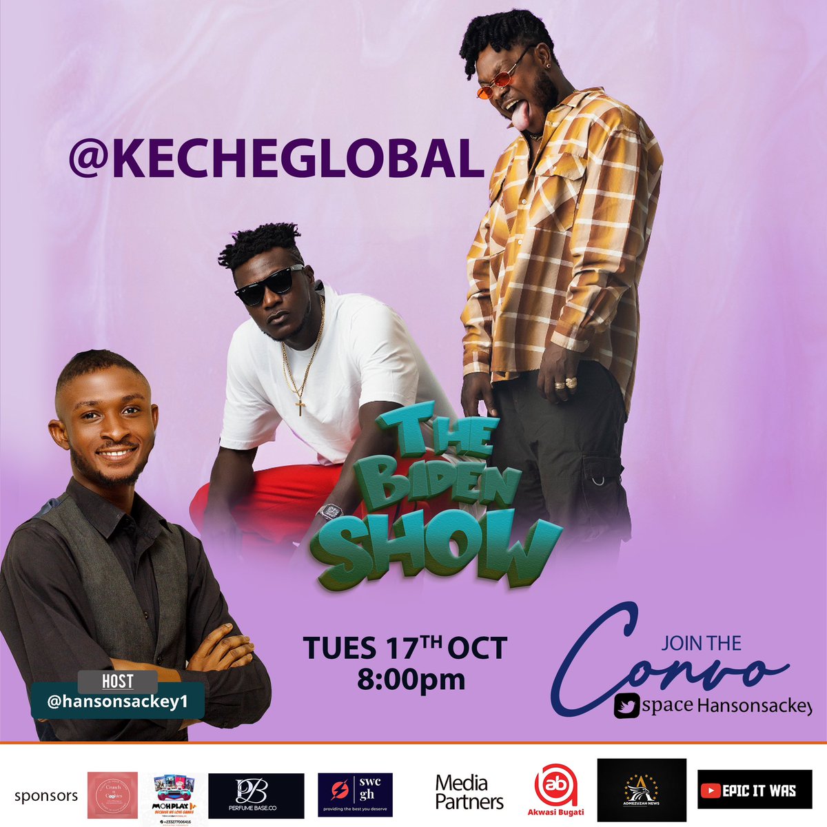 hansonsackey1's tweet image. We will be Jamming right here on your favorite show with @kecheglobal tomorrow at 8pm sharp you don’t want to miss it 🎉🥳 #PartyOfTheYear #TheBidenShow
Sponsors; @Perfumebase_ @sarkwealthy @CrunchNCookies1 @mohplay_inc_ @akwasibugati_