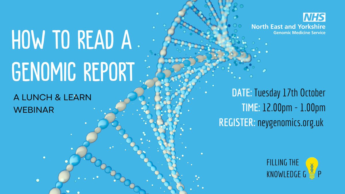 Tomorrow (Tuesday, 12-1pm), we continue our #genomics ‘Lunch & Learn’ series with 'How to Read a Genomic Report'. Learn the basics of reading a report, with advice on commonly used terms and plenty of time for questions! All staff welcome. Register at re-url.uk/WYFF