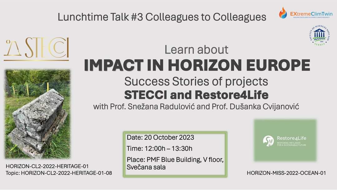 We are pleased to invite you to the 3rd Lunchtime Talk within the EXtremeClimTwin series Colleagues to Colleagues: IMPACT IN HORIZON EUROPE EU Framework Programme for Research and Innovation: Success Stories of projects STECCI and Restore4Life
#extremeclimtwin #h2020