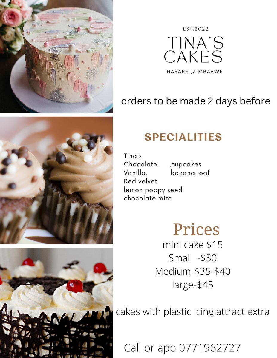 ti_nashe02's tweet photo. @RealTalkFadzie App/call 077 196 2727 
Mini cake $15
snal cake  $25-$30
medium cakes $30-$35
place your order today https://t.co/yuMtVDW6v6