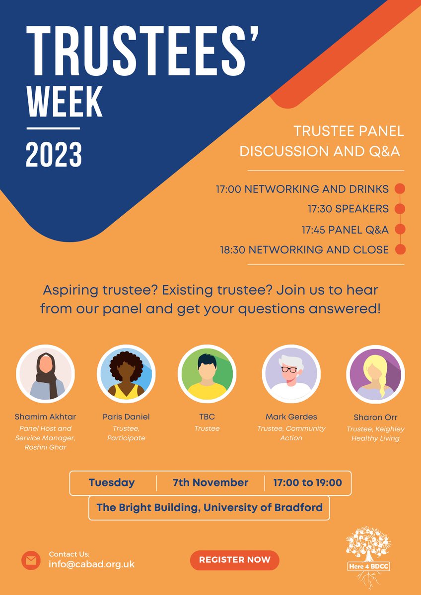 Are you a trustee or would you like to be?

Join us to mark #TrusteesWeek2023 at our panel event on Tuesday 7th November at the University of Bradford.

Hear from our speakers and find out more about what being a trustee involves.

Register here: tinyurl.com/2hjk5p96
