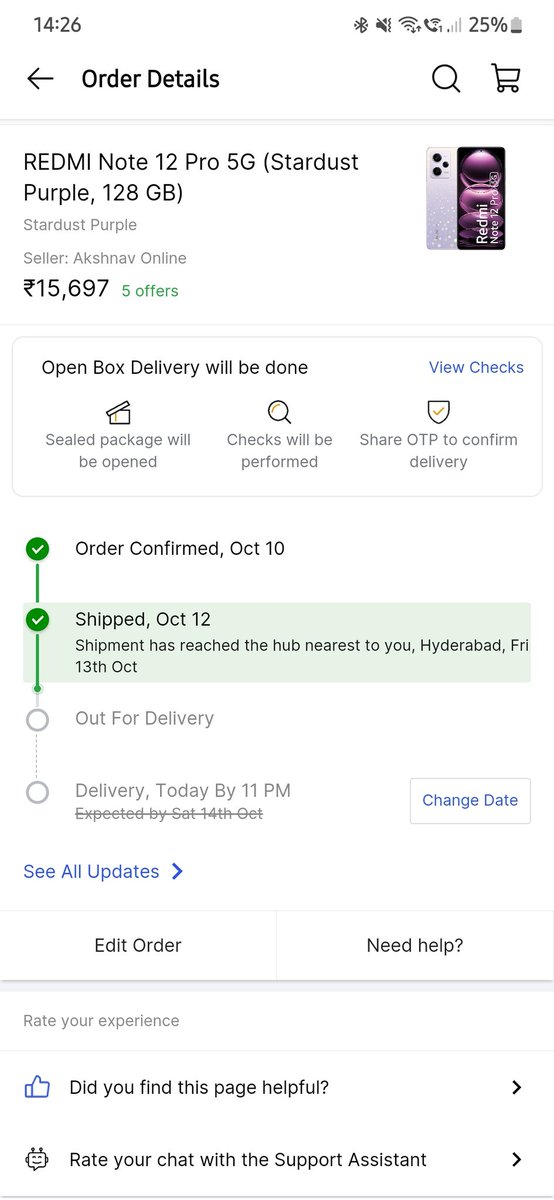 AJ_HUMBLE's tweet photo. Ordered redmi note 12 pro, its reached my nearest hub since oct 13. Still this not delivered. It was aupposed to be delivered on Oct 14 but flipkart delayed it to Oct 16 without any reason. Still not out for delivery. @8ap @GyanTherapy. Ye kya scam hai @Flipkart

#bigbillionscam https://t.co/k7hWFLTbct