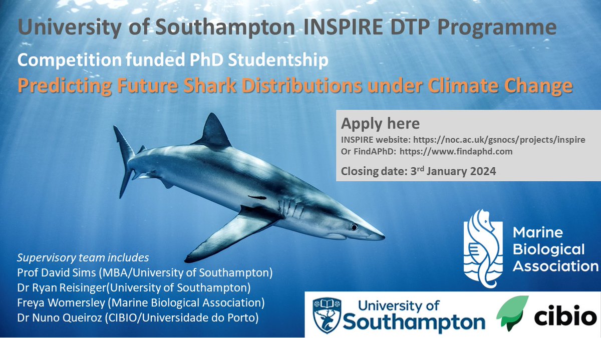 New DTP PhD Opportunity to research effects of Climate Change on Pelagic #Shark movements, habitats & distribns - come join the team @thembauk @OceanEarthUoS inspire-dtp.ac.uk w/ @ryan_reisinger @FreyaWomersley @nunoqueiroz29 Apply here: noc.ac.uk/gsnocs/project…