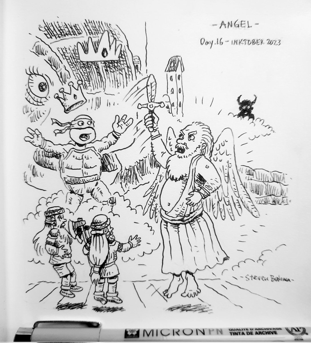 #inktober2023 day16 #ANGEL
#inktober2023angel
#penandinkdrawing #TMNT  #ink #inktober #inktober52  #traditionalart #dwarf #ArtistOnTwitter #illustration #sketchbook #dibujo  #fantasyart #blackandwhitedrawing #bookillustration #childrenillustration #スケッチ #図 #インク