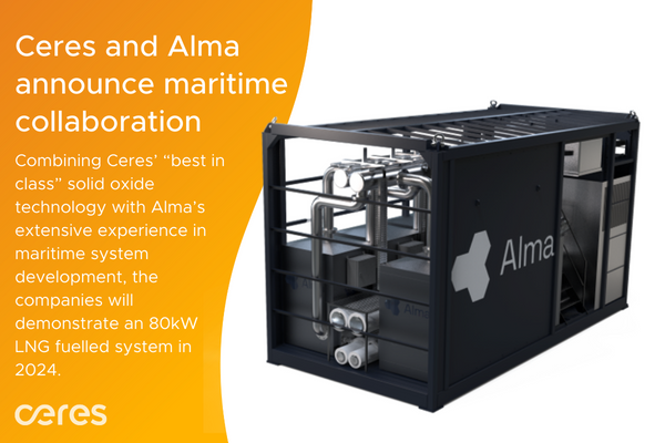 CeresPower's tweet image. Combining Ceres’ “best in class” #solid #oxide #technology with Alma’s extensive experience in #maritime system #development, the companies will demonstrate an 80kW LNG fuelled system in 2024.
Read more: ceres.tech/news/ceres-and…

Clean energy starts with technology.

#IMO #FCHEA