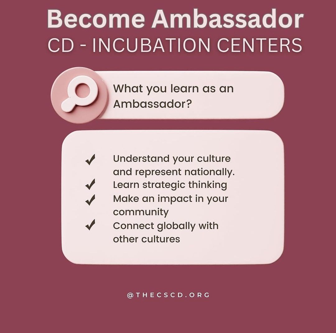 CscDiplomacy's tweet image. Want to experience your culture through a timeline and strategy?!
Here we are revealing our thematic calenders for our centers!
#CSCD is presenting to you Cultural Diplomacy (CD) - Incubation Centers to promote your indigenous culture.
#ApplyNow
docs.google.com/forms/d/e/1FAI…