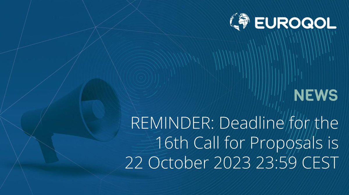 Final reminder: Deadline for the 16th Call for Proposals is fast approaching.

🗓️ Deadline: 22 October 2023, 23:59 CEST
🔗 Submit your proposal via the EuroQol submission portal: bit.ly/3Kgqn1V.

More info and download the RFP document here 👉 bit.ly/41Apvfg