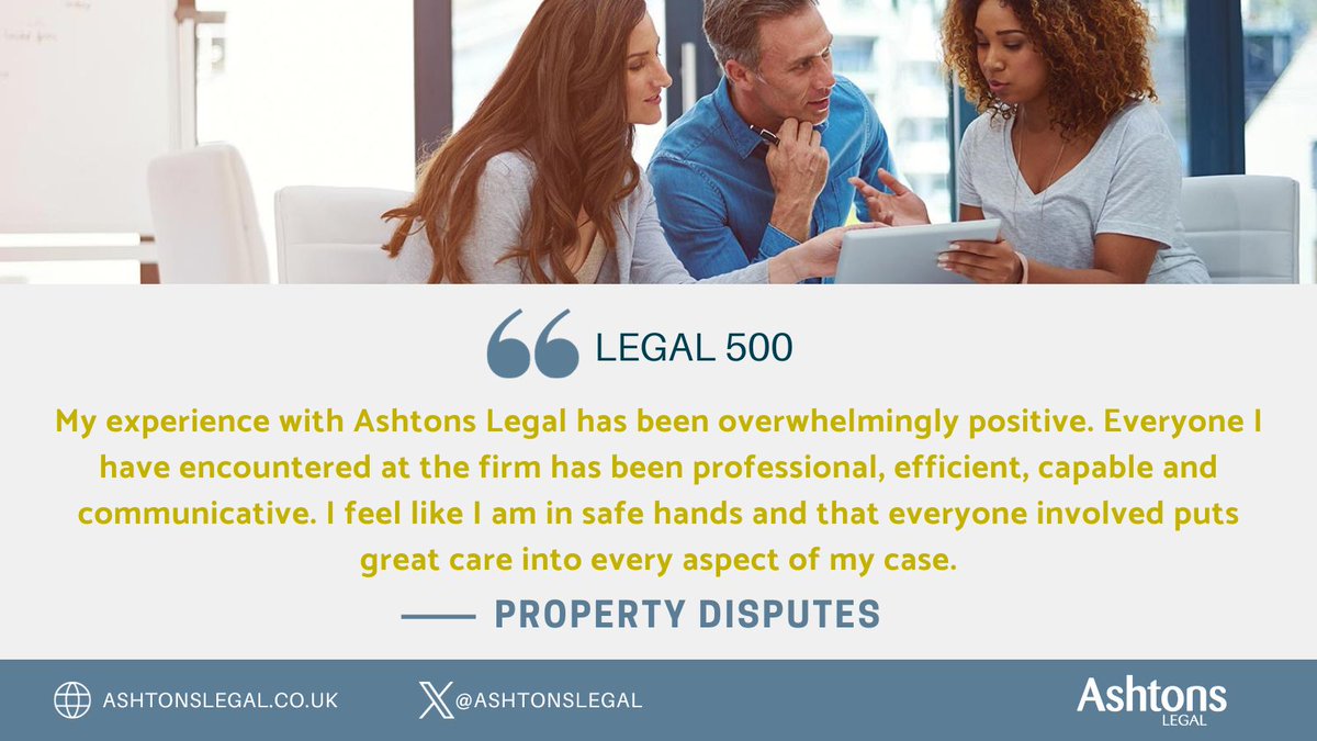 “I feel like I am in safe hands,' says a client of our #PropertyDisputes team in #Legal500 2024! Our Property Disputes team are ready to help you: ow.ly/EoVy50PT1qJ