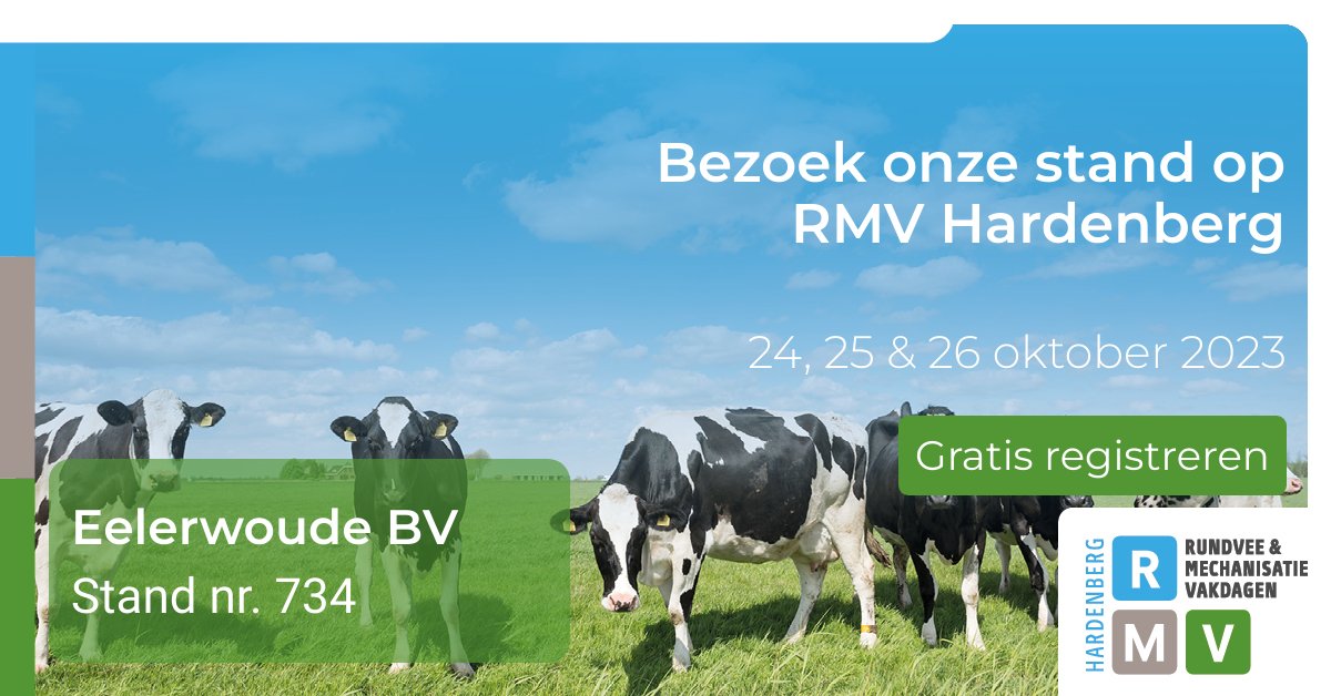 Op 24, 25 en 26 oktober staan we op de Rundvee &amp; Mechanisatie Vakdagen in Hardenberg.
Kom je ook? Bezoek dan onze stand, nr. 734 in hal 7.
Tot dan!

#Eelerwoude #opwegnaar #100procent #natuurinclusief #RMV