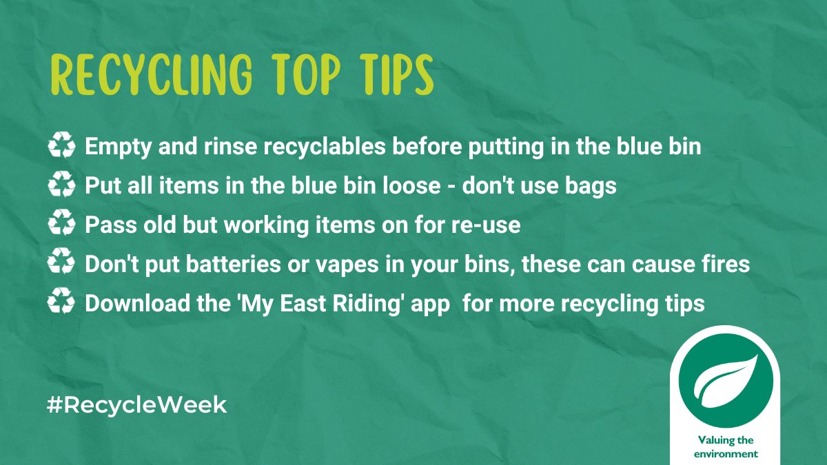 East_Riding's tweet image. Here are some of our top tips to help households recycle more. ♻️ 

Let’s make a difference together. #RecyleWeek 🌍

For more recycling advice, download our app: orlo.uk/app_ScmkI