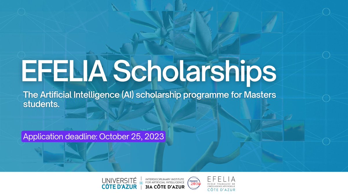 EFELIA Côte d'Azur funds a scholarship programme in AI! 🎯 Objective: to support very promising national and international profiles ✅If you are enrolled in an eligible Master's programme as part of an AI course, apply here: 3ia.univ-cotedazur.eu/education/scho… @Univ_CotedAzur