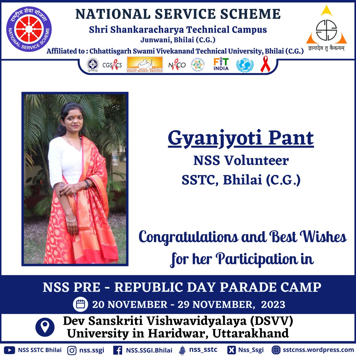 Nss_ssgi's tweet photo. Jai Hind🇮🇳

@Nss_ssgi , congratulates volunteer @GyanjyotiP39630 of B. Pharmacy, 7th Semester, for being selected to attend the #PreRepublicDayParade Camp (Central Zone) 2023.

@_NSSIndia 
@YASMinistry 
@NSSRDBhopal
@NssChhattisgarh
@nsscsvtuCG 
@ianuragthakur https://t.co/odD02UP4Dq