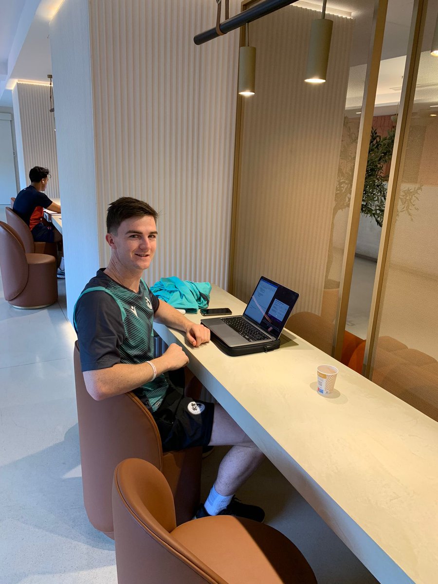 cricketireland's tweet photo. Ahead of today’s opening game against Spain in ‘Championship Week’ Mike Frost caught up on some study 👊

Join us from 3pm for our opener. 

#BackingGreen ☘️🏏 @EuropeanCricket https://t.co/8Gd1VjvyCn