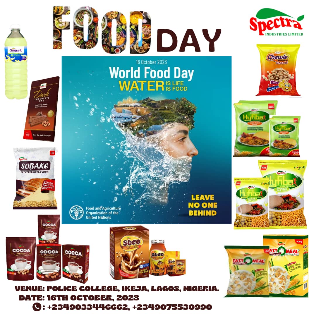 Spectra_Ind_Ltd's tweet photo. WORLD FOOD DAY is happening Live today at Police College, Ikeja, Lagos State.
Kindly join us today in celebration with our healthy products from Spectra Industries Ltd.

We cordially invite ALL!!! https://t.co/tMECiETa76