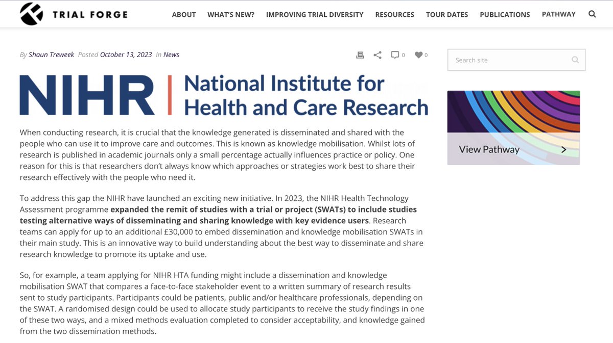 Trial Forge (@trial_forge) on Twitter photo The UK's NIHR Health Technology Assessment Programme is encouraging researchers to include SWATs evaluating alternative ways of disseminating and sharing knowledge with key evidence users.
More info at:
trialforge.org/2023/10/the-ni…
@NIHRevidence <a href="/lindsaybearne/">Lindsay Bearne</a> The UK's NIHR Health Technology Assessment Programme is encouraging researchers to include SWATs evaluating alternative ways of disseminating and sharing knowledge with key evidence users.
More info at:
trialforge.org/2023/10/the-ni…
@NIHRevidence <a href="/lindsaybearne/">Lindsay Bearne</a>