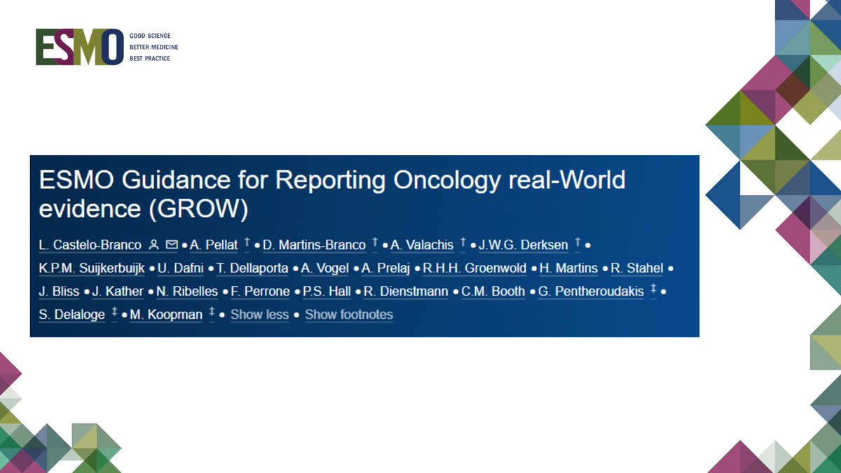 ESMO announces the publication of ESMO-GROW, the first oncology-specific reporting guidance for #RWEstudies, representing a key step forward to increase quality standards and harmonised interpretations in RWD publications in #oncology. 
👉ow.ly/Aj6a50PWZUZ