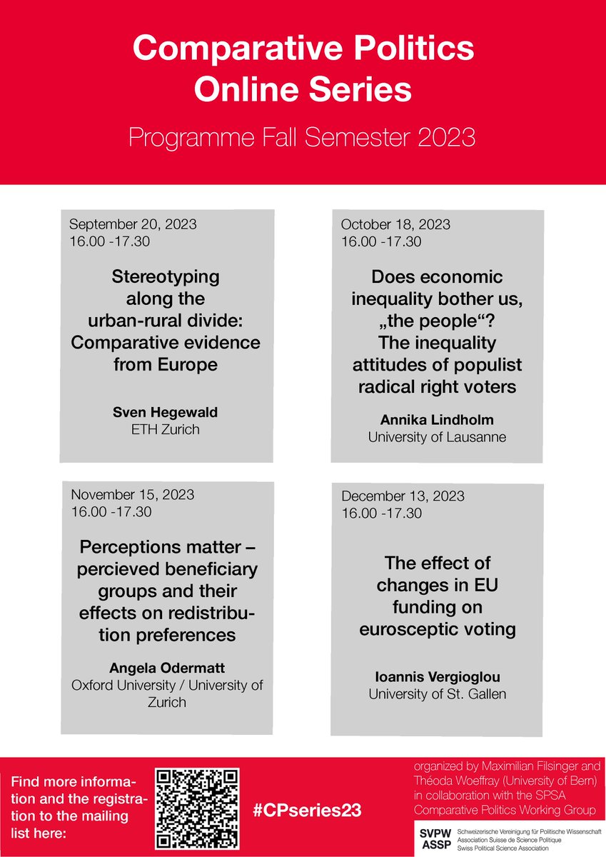 @svenhegewald @CIS_ETH_UZH @M_Filsinger @TheodaWoeffray In the 2nd session of the #CPseries23 @_AnnikaLindholm is presenting her paper «Does economic inequality bother us, „the people”? The inequality attitudes of populist radical right voters»

🗓️ Oct 18, 16.00-17.30
Registration: forms.gle/xUt57i5wGgUkr2…

@M_Filsinger @TheodaWoeffray