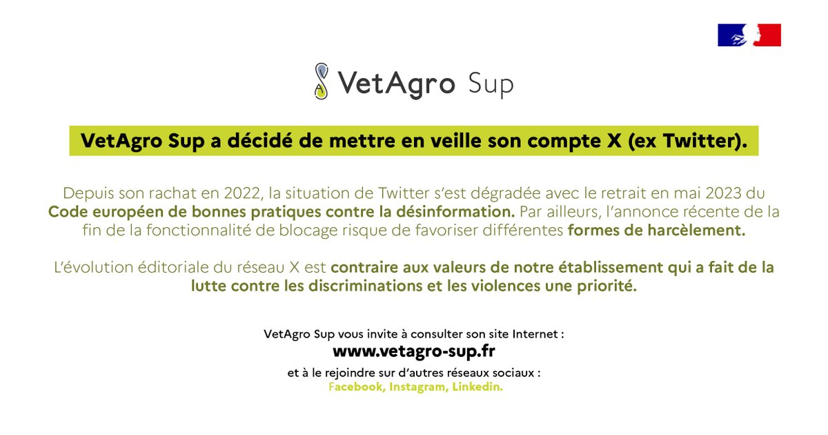 Communiqué | VetAgro Sup prend la décision de mettre en veille son compte X (ex Twitter) ✖️ Retrouvez-nous ici : instagram.com/vetagrosup/ linkedin.com/school/1326327… facebook.com/VetAgroSup/ youtube.com/@vetagrosup694