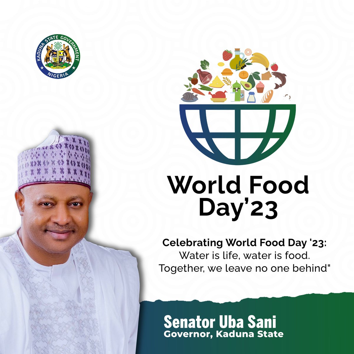 ubasanius's tweet photo. On this World Food Day 2023, we recognize the critical role that water plays in ensuring food security in Kaduna state and across the world. Water is a vital resource, constituting over 50% of our bodies and covering 71% of the Earth's surface. Our administration is committed to providing communities, especially our rural areas with access to clean water and food. 

On World Food Day, we pay tribute to our Food Heroes – our Farmers.

Happy World Food Day!